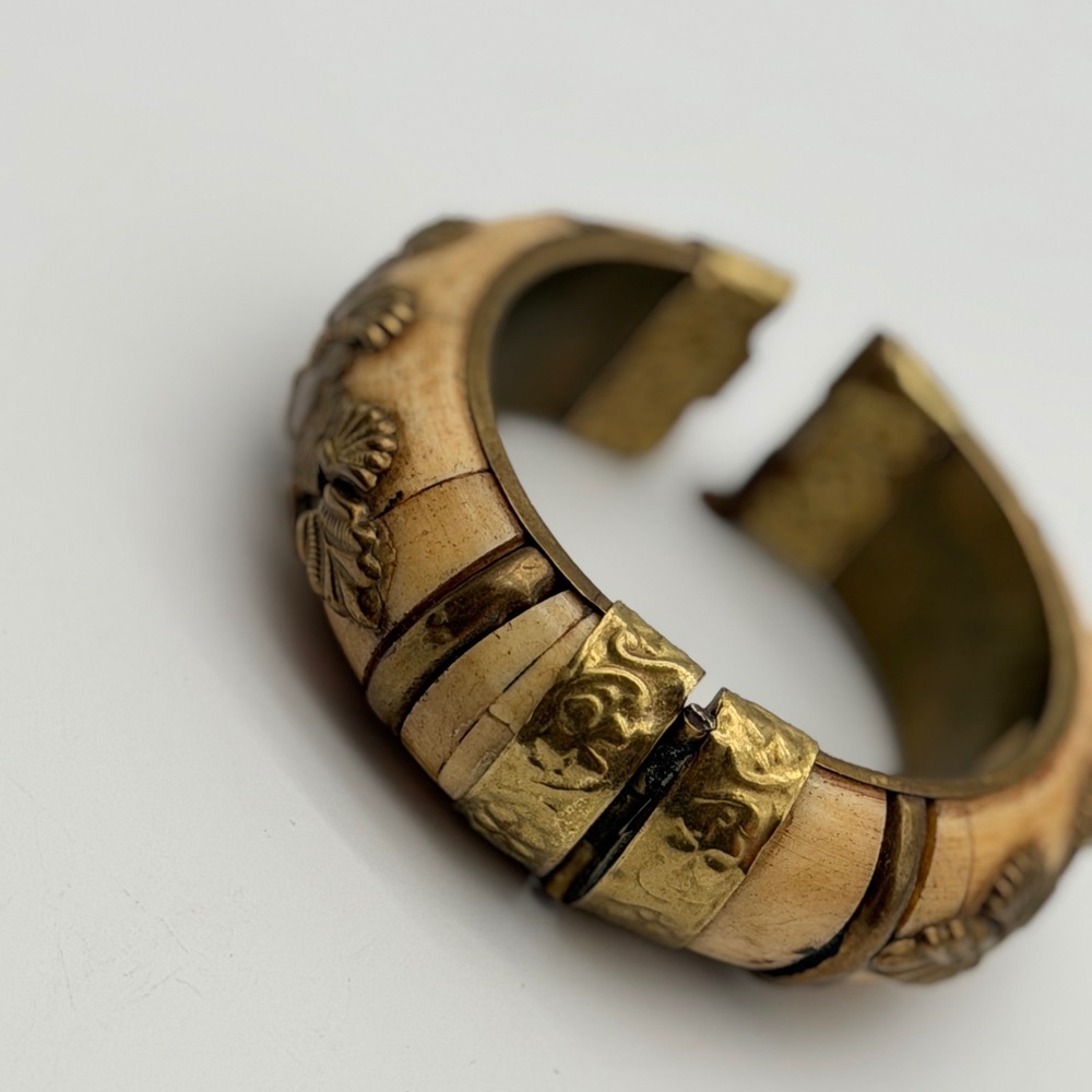 Vintage Made in India Brass and Carved Bone Hinged Bangle Bracelet Floral Boho